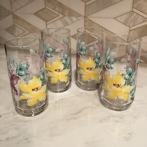 Libbey Floral Yellow Purple Pink Flower Drinking Glasses Set of 4